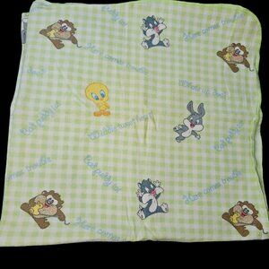 VTG Baby Looney Tunes Flannel Blanket Green Plaid Cotton By DOLLY Tweety Taz